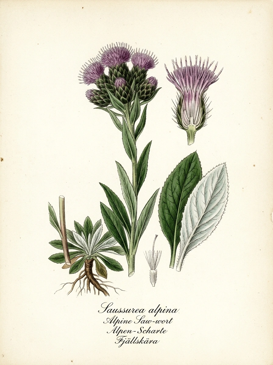 Botanische Illustration von Alpen-Scharte (Saussurea alpina)
