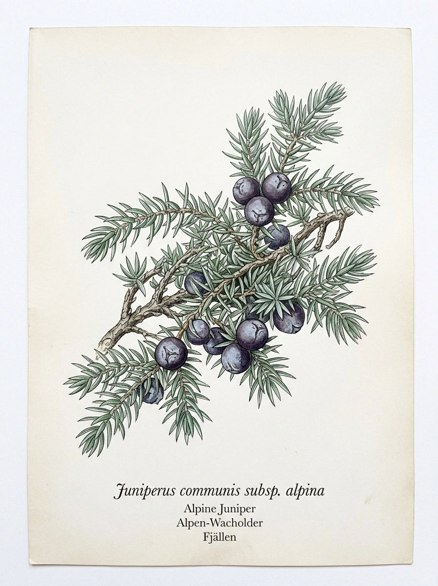 Botanische Illustration von Alpen-Wacholder (Juniperus communis subsp. alpina)