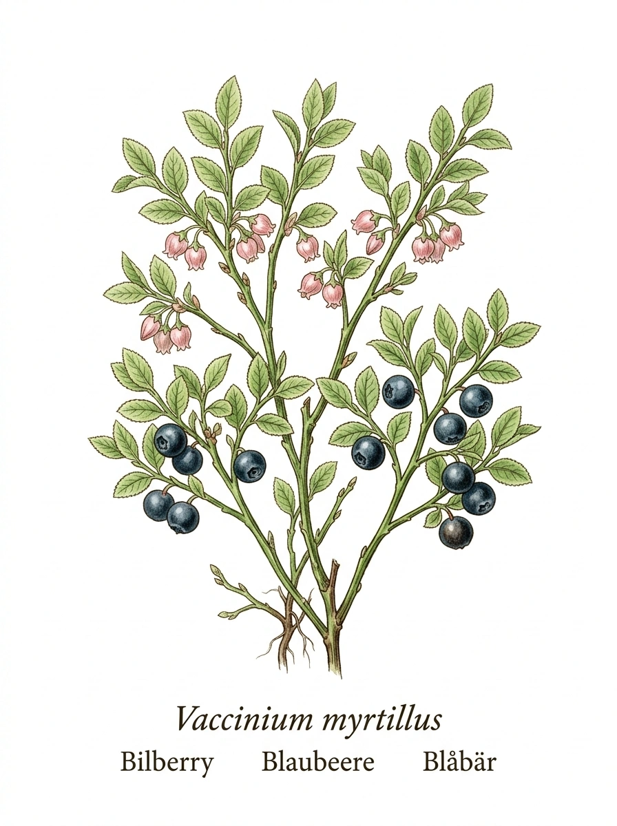 Botanische Illustration von Heidelbeere / Blaubeere (Vaccinium myrtillus)