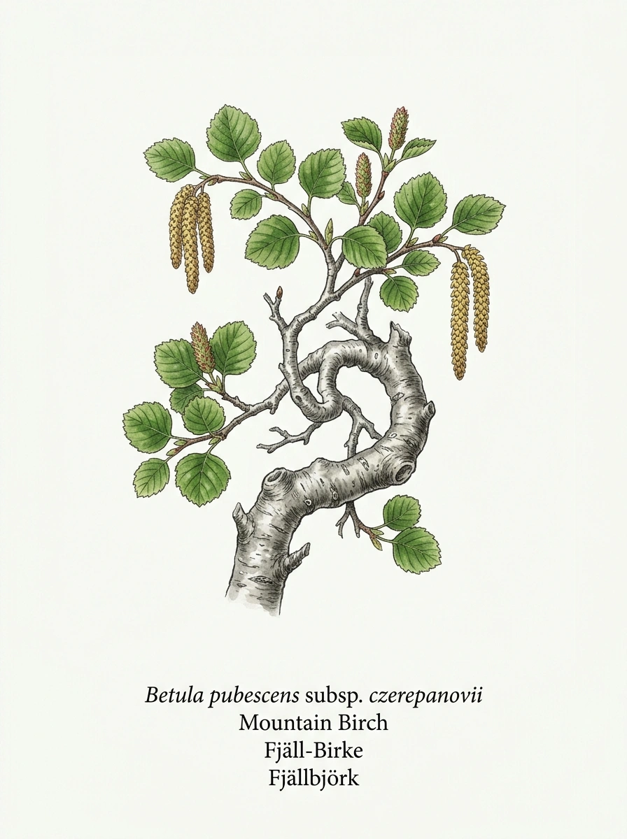 Botanische Illustration von Fjäll-Birke (Betula pubescens subsp. czerepanovii)