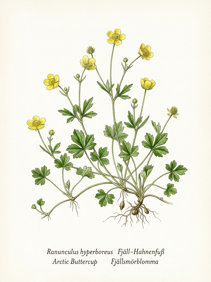 Botanische Illustration von Fjäll-Hahnenfuß (Ranunculus nivalis)