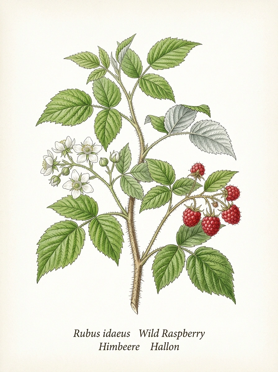 Botanische Illustration von Wald-Himbeere (Rubus idaeus)