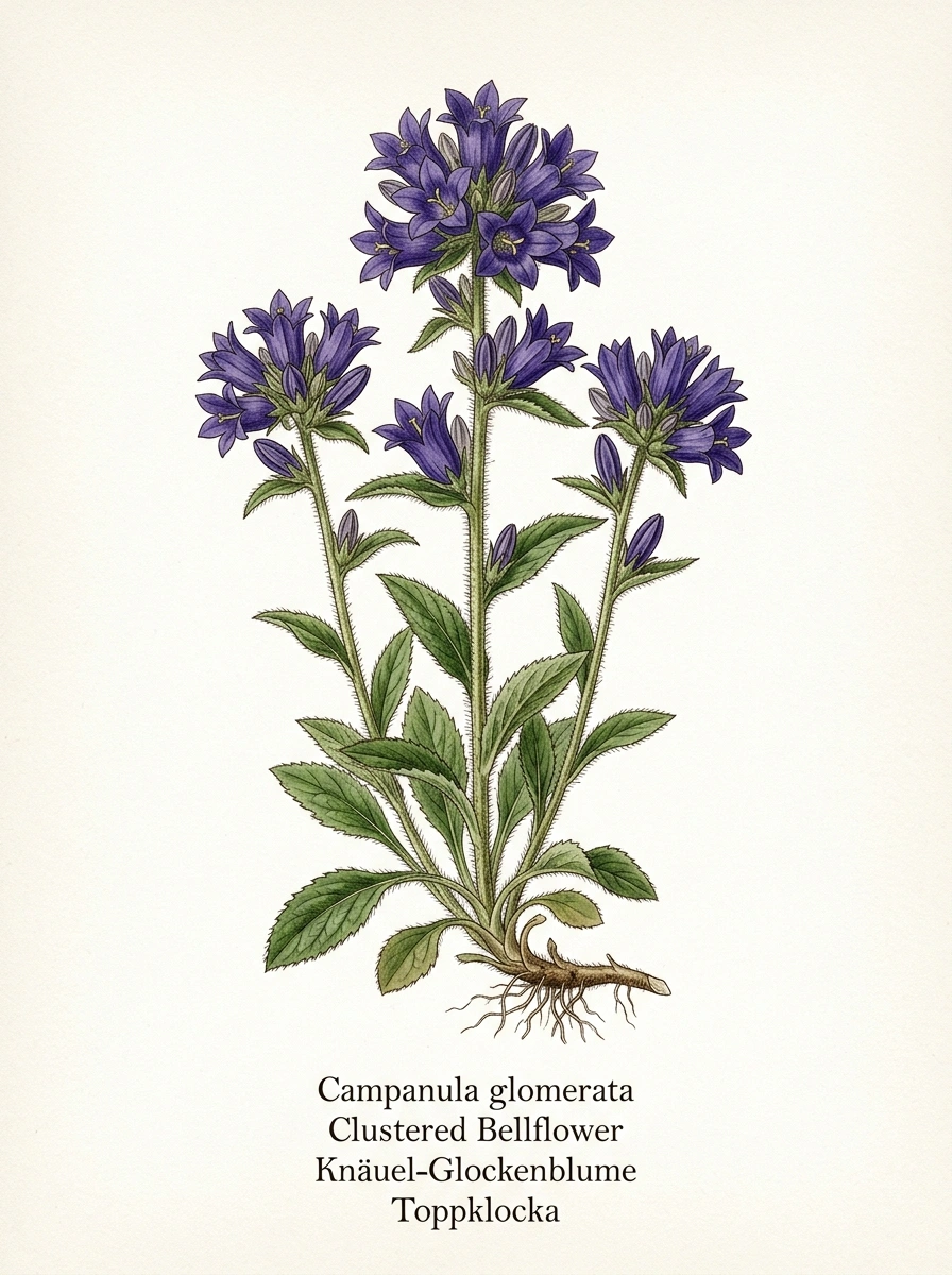 Botanische Illustration von Knäuel-Glockenblume (Campanula glomerata)
