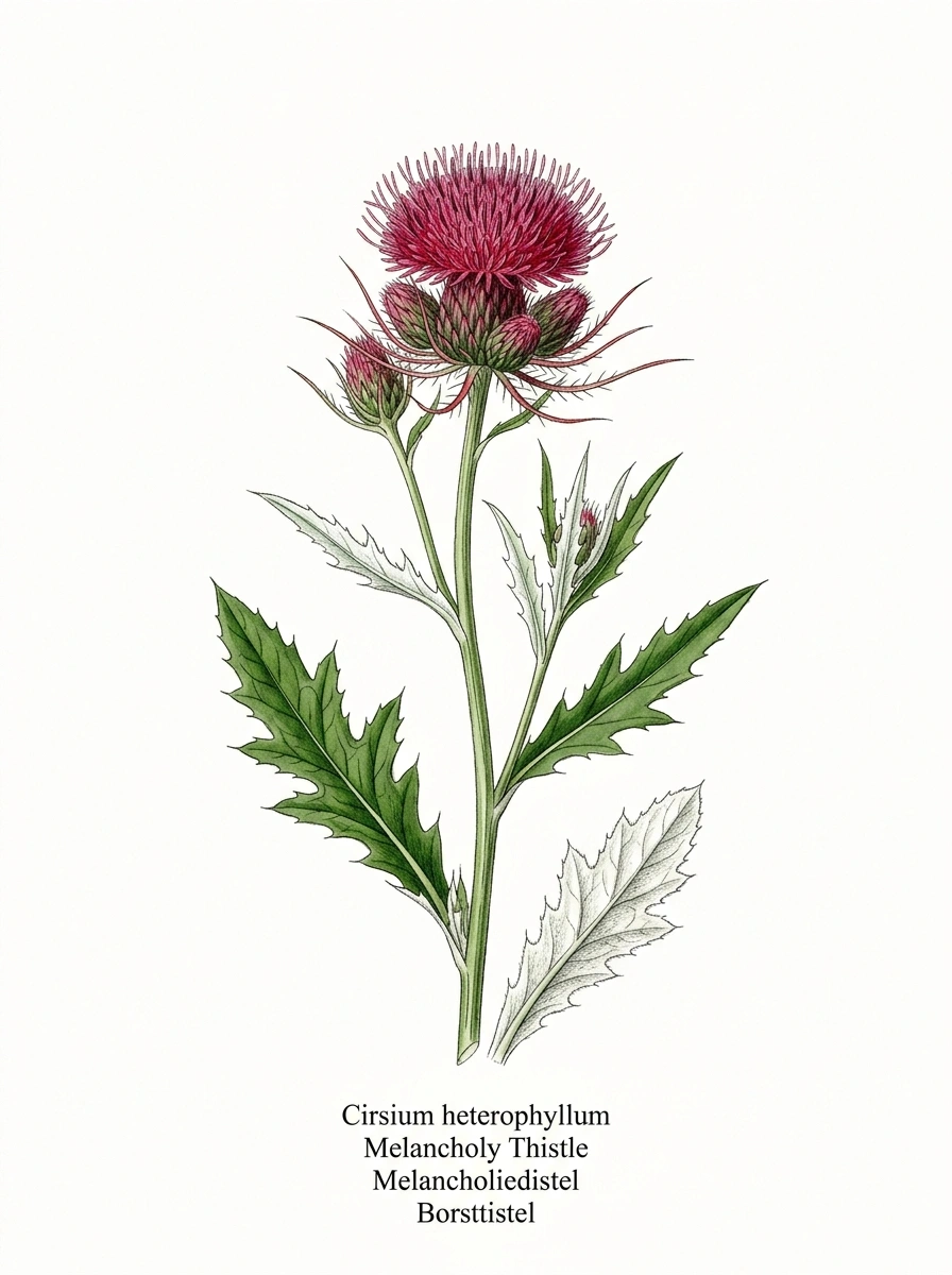 Botanische Illustration von Melancholiedistel (Cirsium heterophyllum)