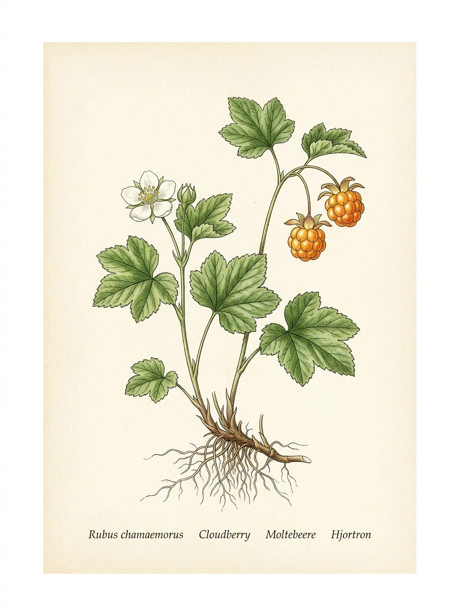 Botanische Illustration von Moltebeere (Rubus chamaemorus)
