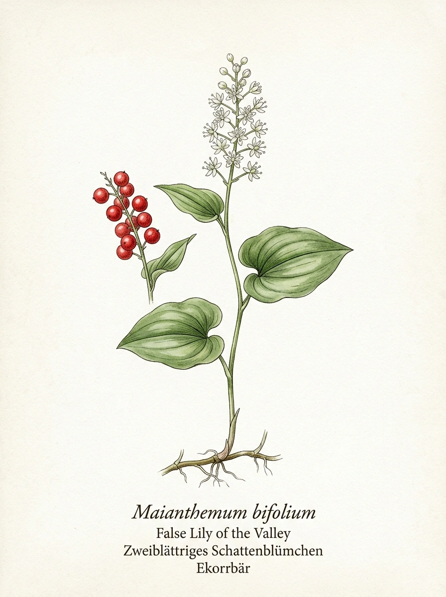 Botanische Illustration von Zweiblättriges Schattenblümchen (Maianthemum bifolium)