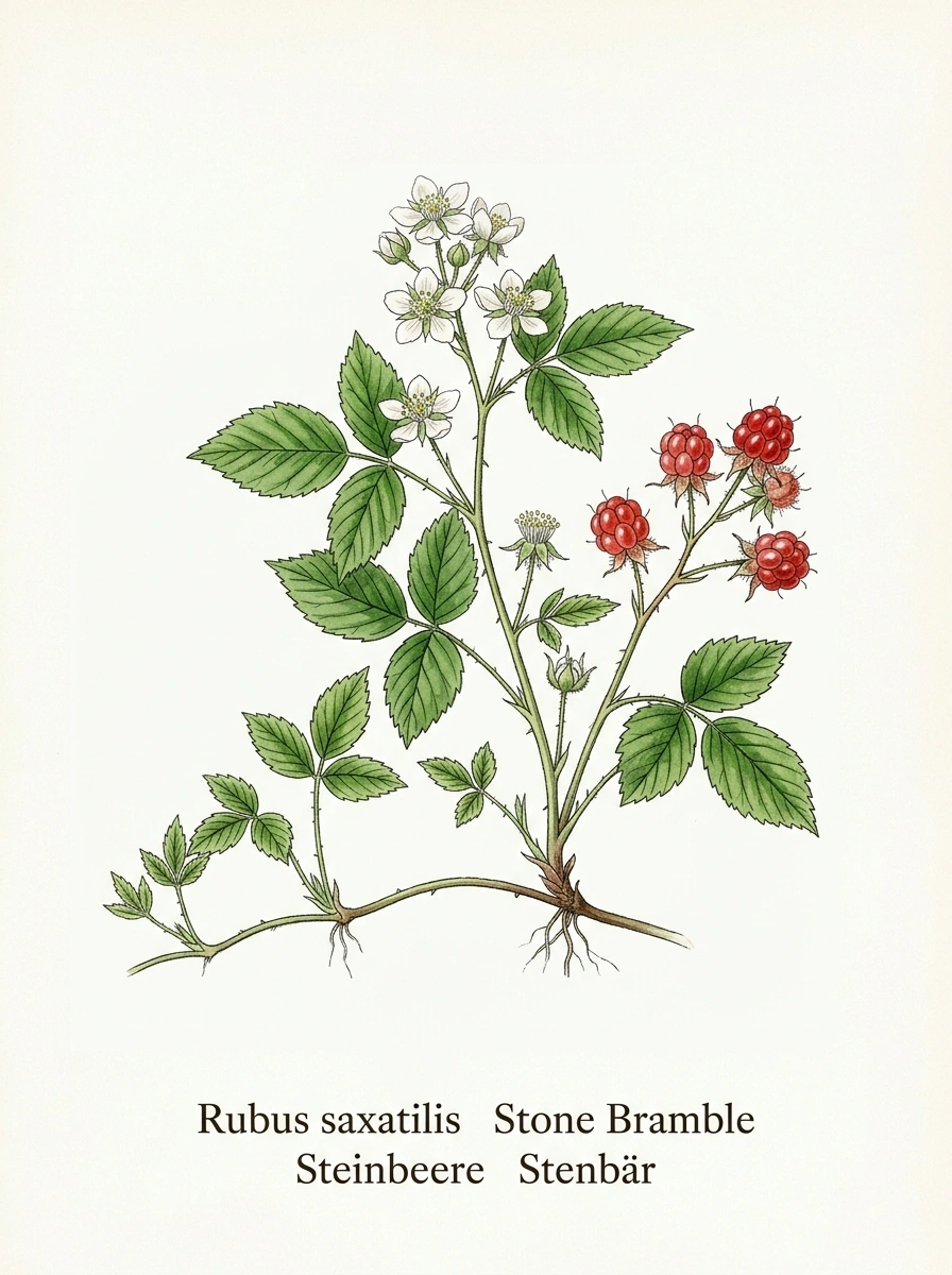 Botanische Illustration von Steinbeere (Rubus saxatilis)