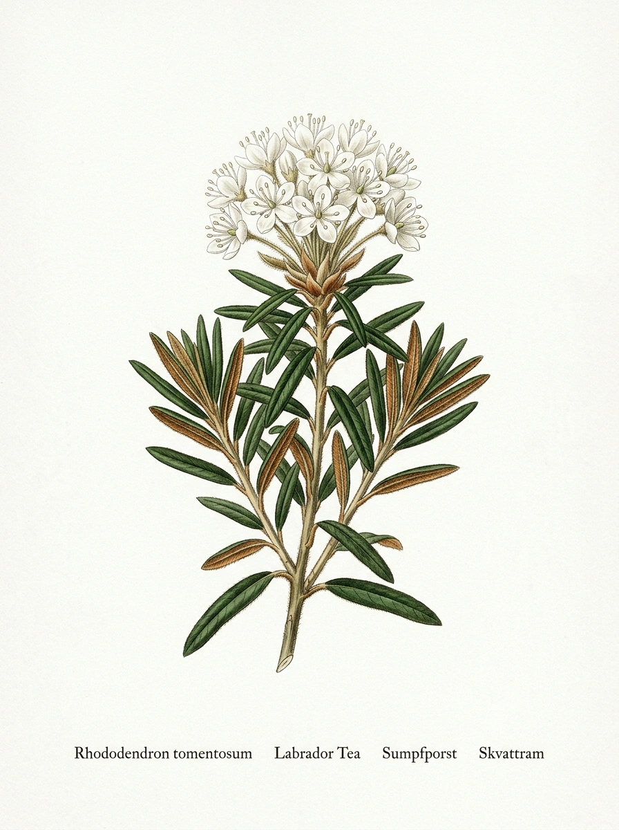 Botanische Illustration von Sumpfporst (Rhododendron tomentosum)