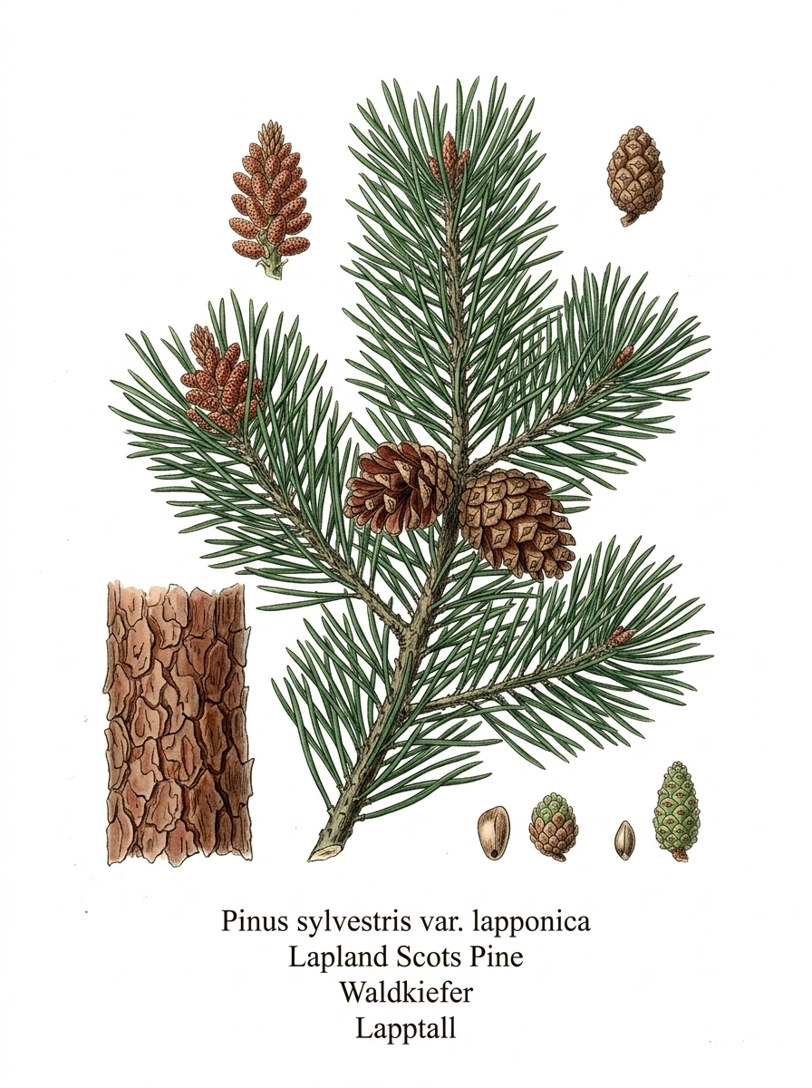 Botanische Illustration von Lappland-Waldkiefer (Pinus sylvestris var. lapponica)