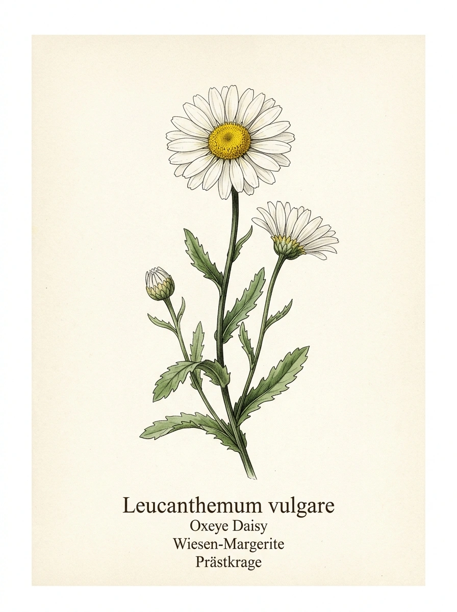 Botanische Illustration von Wiesen-Margerite (Leucanthemum vulgare)