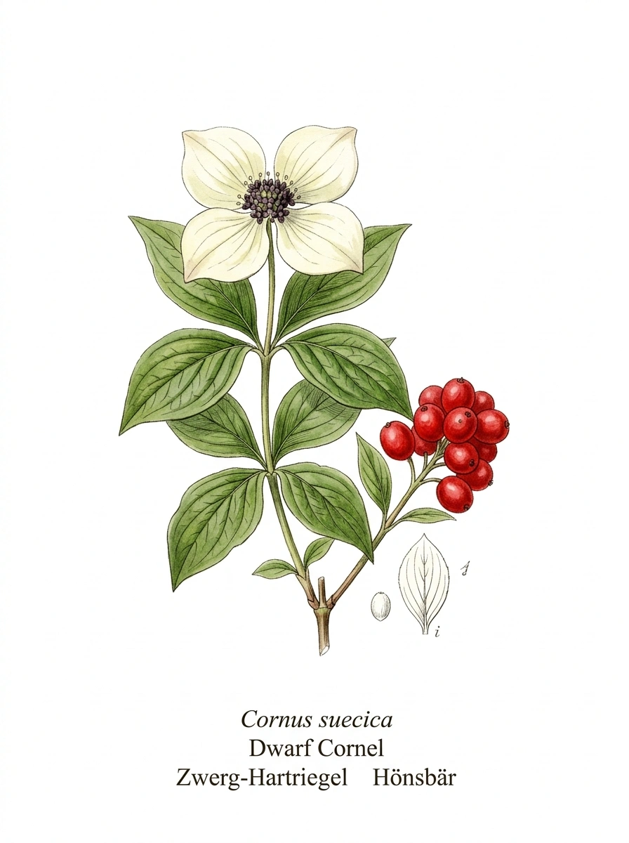 Botanische Illustration von Schwedischer Zwerg-Hartriegel (Cornus suecica)